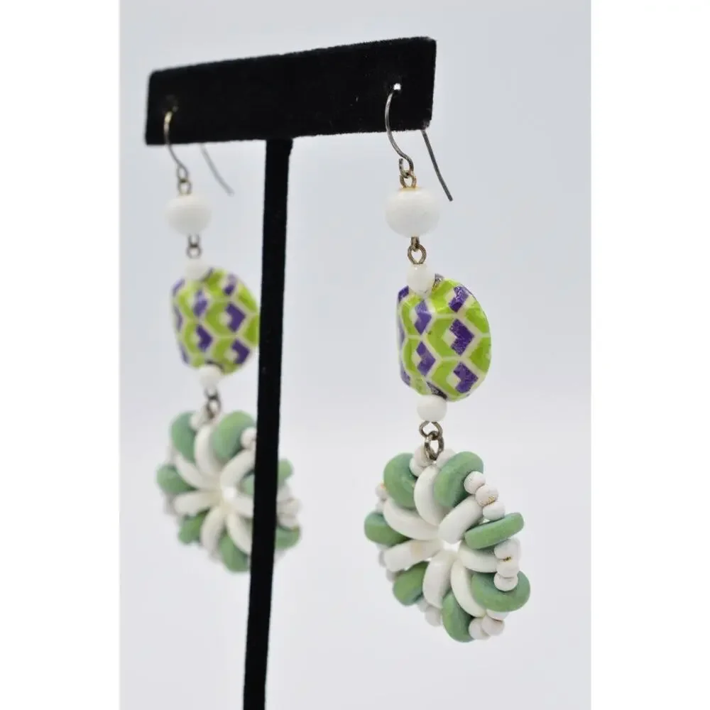 Vintage Statement Earrings Dangle Wooden Beaded Green White Funky 70s 80s 9L